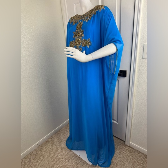 Vintage Unlabeled Beaded Chiffon Deep Turquoise Blue Caftan Dress One Size #203 - Picture 1 of 14